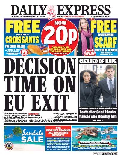 Daily Express Newspaper Front Page for 15 October 2016
