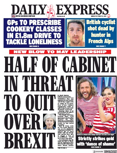Daily Express Newspaper Front Page for 15 October 2018