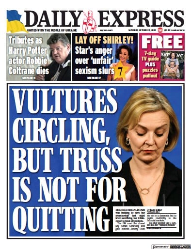 Daily Express Newspaper Front Page for 15 October 2022