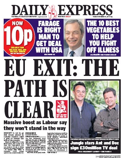 Daily Express Newspaper Front Page for 15 November 2016