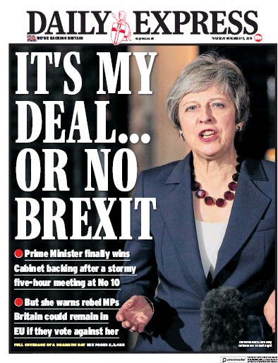 Daily Express Newspaper Front Page for 15 November 2018