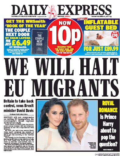 Daily Express Newspaper Front Page for 15 December 2016