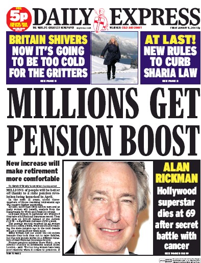 Daily Express Newspaper Front Page for 15 January 2016