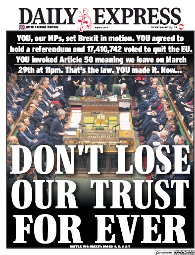 Daily Express Newspaper Front Page for 15 January 2019