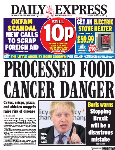 Daily Express Newspaper Front Page for 15 February 2018