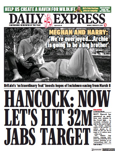 Daily Express Newspaper Front Page for 15 February 2021