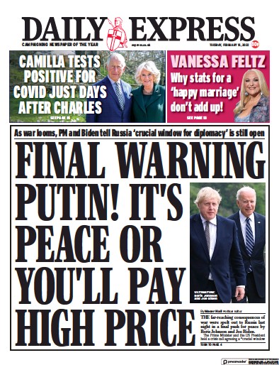 Daily Express Newspaper Front Page for 15 February 2022