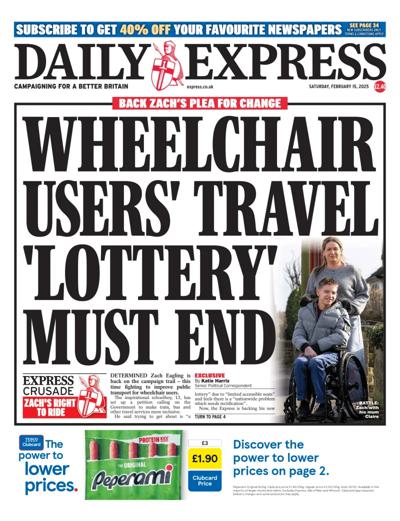 Daily Express (UK) Newspaper Front Page for 15 February 2025