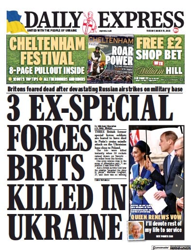 Daily Express Newspaper Front Page for 15 March 2022