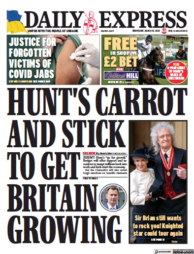 Daily Express (UK) Newspaper Front Page for 15 March 2023