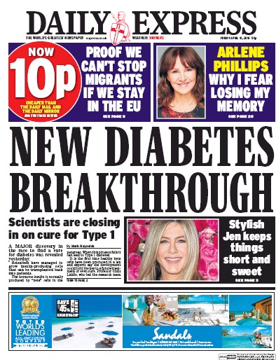 Daily Express Newspaper Front Page for 15 April 2016