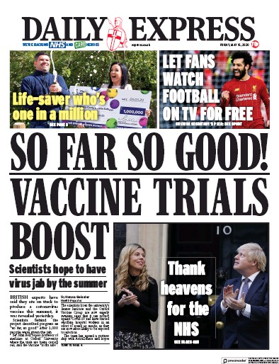 Daily Express Newspaper Front Page for 15 May 2020