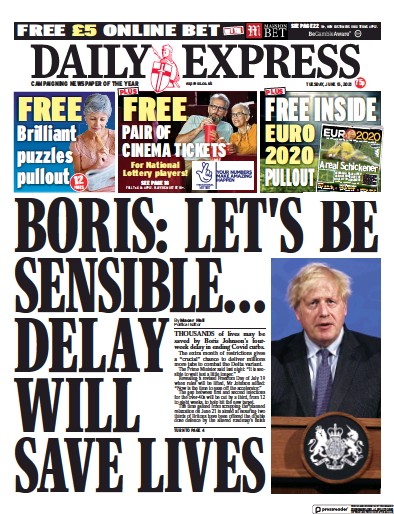 Daily Express (UK) Newspaper Front Page for 15 June 2021