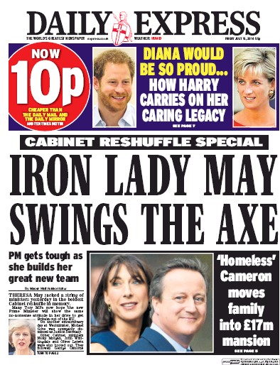 Daily Express Newspaper Front Page for 15 July 2016