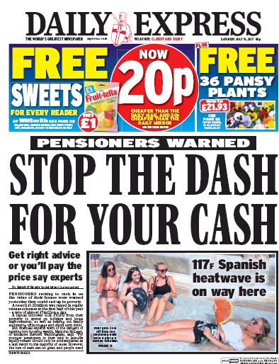 Daily Express Newspaper Front Page for 15 July 2017