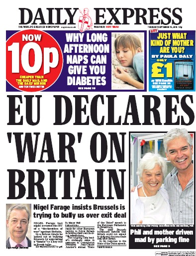 Daily Express Newspaper Front Page for 15 September 2016