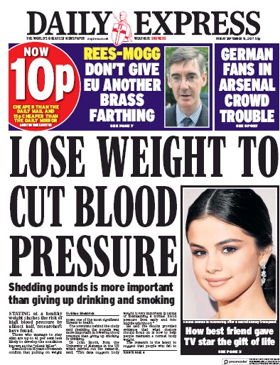 Daily Express Newspaper Front Page for 15 September 2017