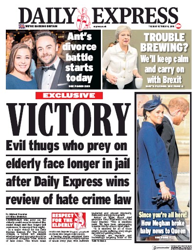 Daily Express (UK) Newspaper Front Page for 16 October 2018