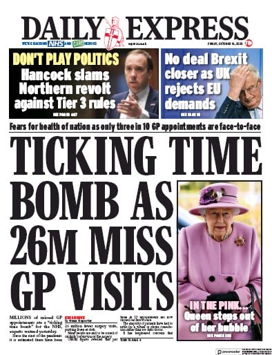 Daily Express Newspaper Front Page for 16 October 2020