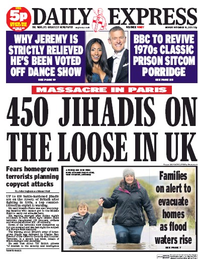 Daily Express Newspaper Front Page for 16 November 2015