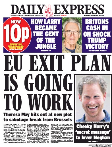 Daily Express (UK) Newspaper Front Page for 16 November 2016