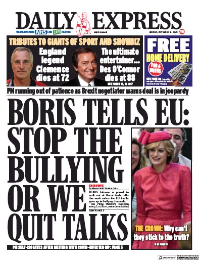 Daily Express Newspaper Front Page for 16 November 2020