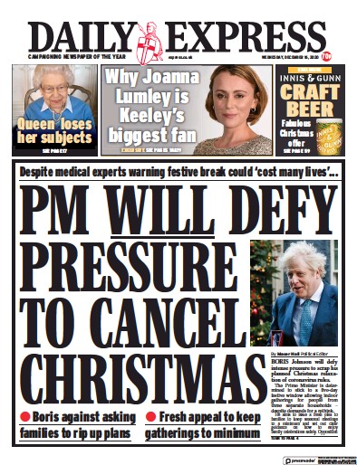 Daily Express Newspaper Front Page for 16 December 2020