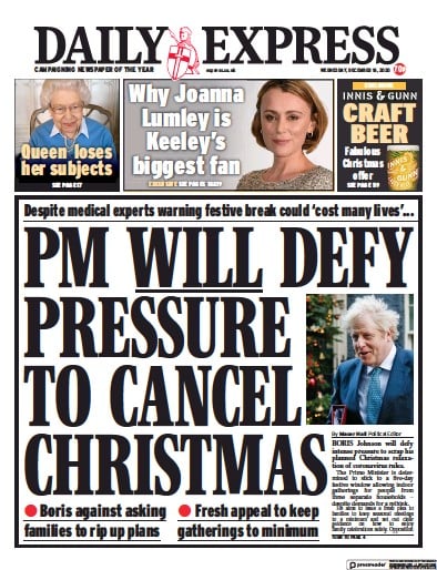 Daily Express (UK) Newspaper Front Page for 16 December 2020