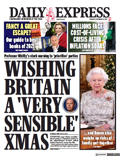 Daily Express (UK) Newspaper Front Page for 16 December 2021