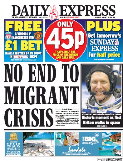 Daily Express Newspaper Front Page for 16 January 2016