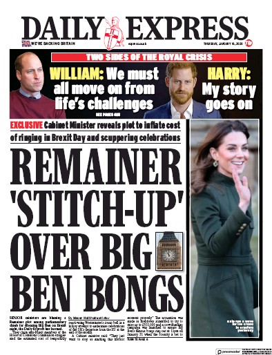 Daily Express Newspaper Front Page for 16 January 2020