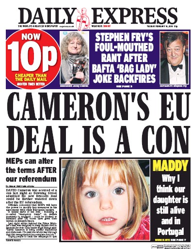 Daily Express Newspaper Front Page for 16 February 2016