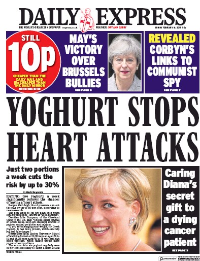 Daily Express Newspaper Front Page for 16 February 2018