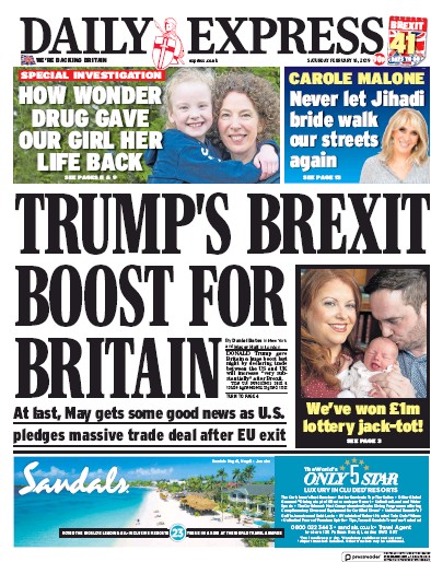Daily Express Newspaper Front Page for 16 February 2019