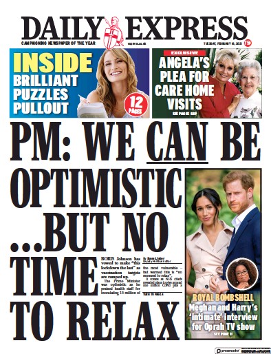 Daily Express (UK) Newspaper Front Page for 16 February 2021