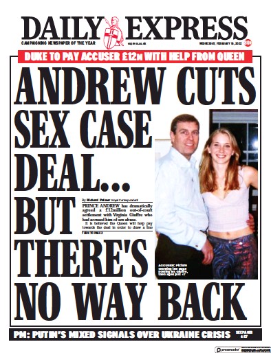 Daily Express Newspaper Front Page for 16 February 2022