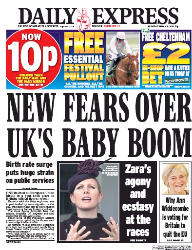 Daily Express Newspaper Front Page for 16 March 2016