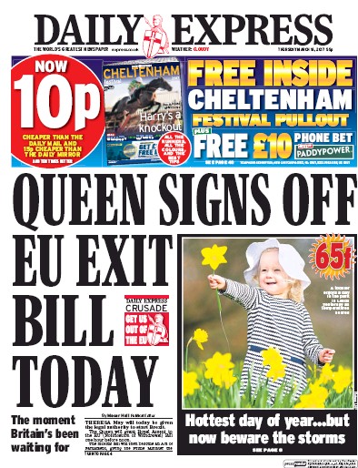 Daily Express (UK) Newspaper Front Page for 16 March 2017