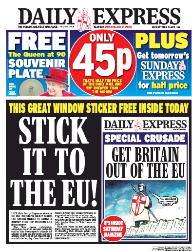 Daily Express Newspaper Front Page for 16 April 2016