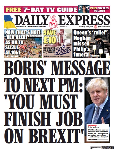 Daily Express Newspaper Front Page for 16 July 2022