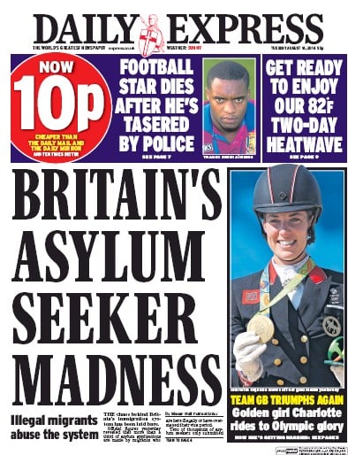 Daily Express Newspaper Front Page for 16 August 2016