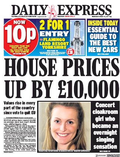 Daily Express Newspaper Front Page for 16 August 2017
