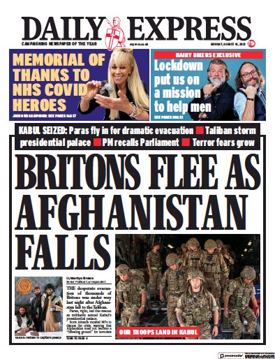 Daily Express (UK) Newspaper Front Page for 16 August 2021