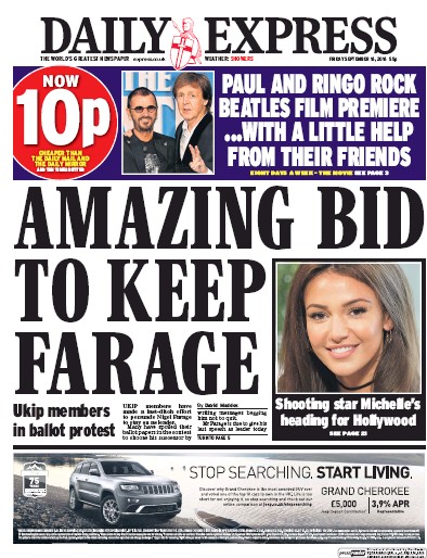 Daily Express Newspaper Front Page for 16 September 2016