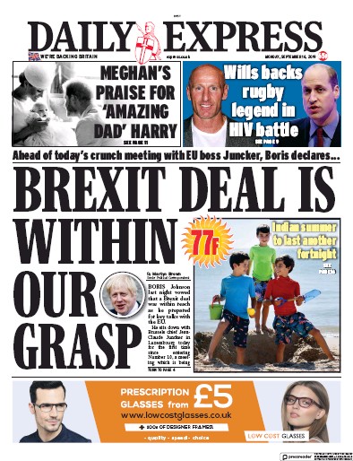 Daily Express Newspaper Front Page for 16 September 2019