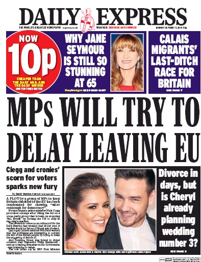 Daily Express Newspaper Front Page for 17 October 2016
