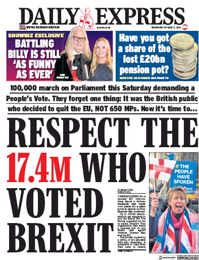Daily Express Newspaper Front Page for 17 October 2018
