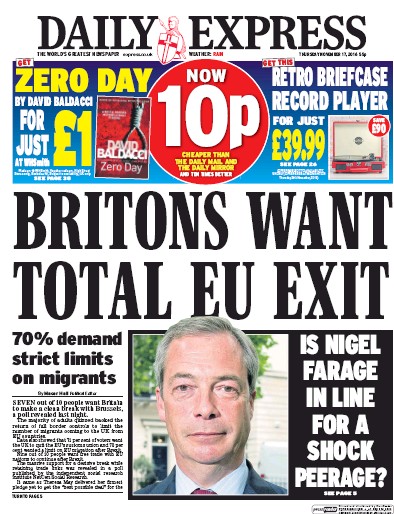 Daily Express (UK) Newspaper Front Page for 17 November 2016