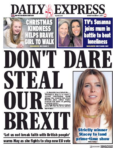 Daily Express Newspaper Front Page for 17 December 2018