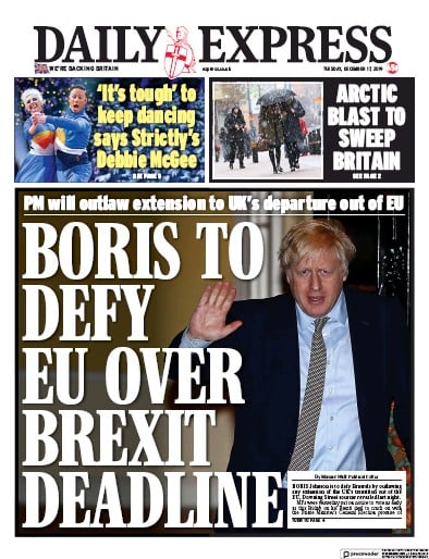 Daily Express Newspaper Front Page for 17 December 2019